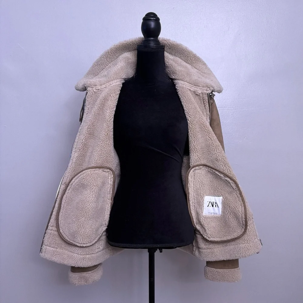 Zara Suede Moto Jacket Faux Fur Lined Medium M Women’s Biker - Picture 5 of 10